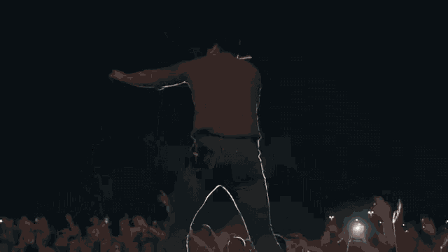 a man is standing on a stage in front of a crowd of people at a concert .