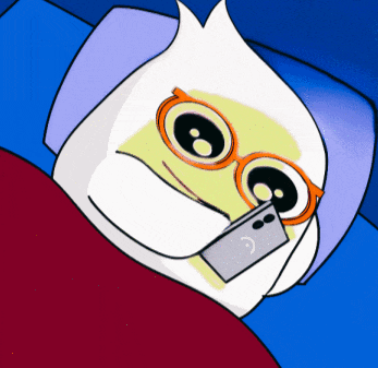 a cartoon character with glasses is laying in bed with a cell phone in his mouth