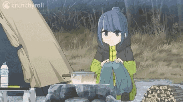 a girl is sitting in front of a campfire with crunchyroll written on the bottom