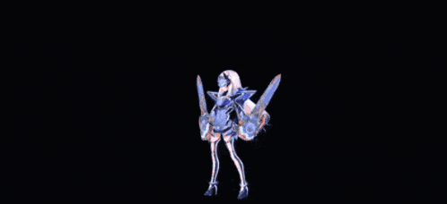 a skeleton with two swords is surrounded by blue smoke and stars .