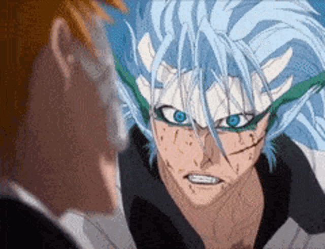 a cartoon character with blue eyes and white hair