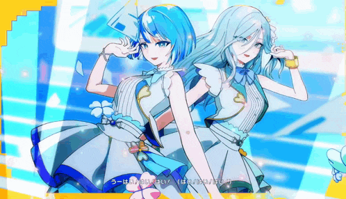 two anime girls are standing next to each other and one of them has a foreign language on her face