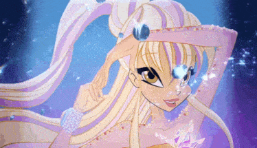 a cartoon girl with long blonde hair is wearing a purple dress