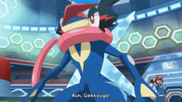 a cartoon character with a scarf around its neck says run gekkouga
