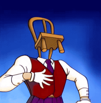 a cartoon character with a chair instead of his head