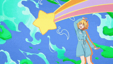 a girl in a blue jumpsuit with horns on her head is standing with her arms in the air