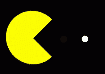 a yellow pac man with a white ball in its mouth on a black background