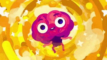 a cartoon drawing of a purple brain with a yellow background
