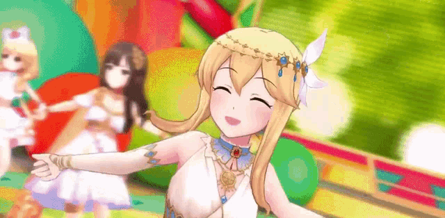 a girl in a white dress with a crown on her head is smiling