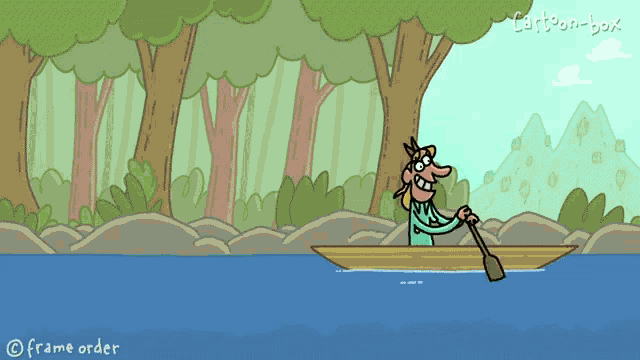 a cartoon of a man in a boat with the words frame order below