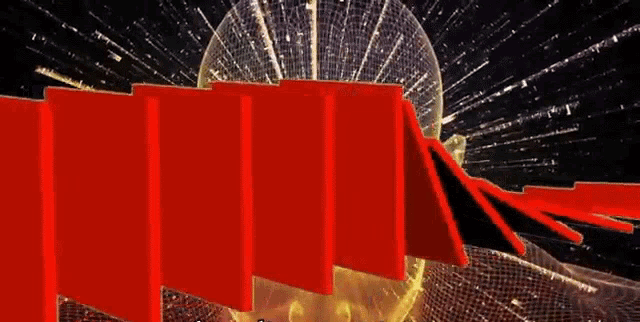 a computer generated image of a sphere with a few red blocks in front of it