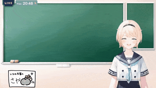 a girl is standing in front of a blackboard that says live at the top