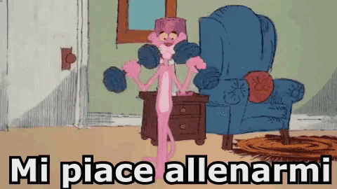 a pink panther is lifting dumbbells in a cartoon with the words mi piace allenarmi