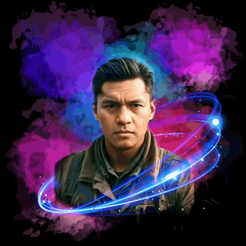 a man 's face is surrounded by a purple and blue swirl
