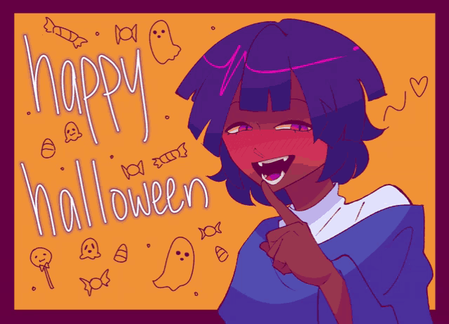 a drawing of a girl with purple hair and the words happy halloween