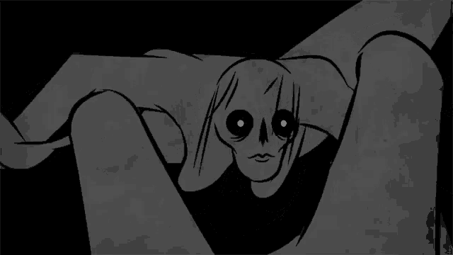 a black and white drawing of a person with a skull head