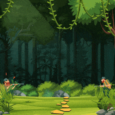 a cartoon illustration of two men holding guns in a jungle