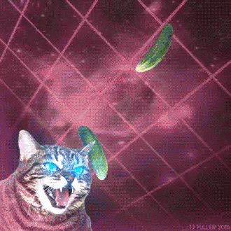 a picture of a cat with cucumbers coming out of it 's mouth