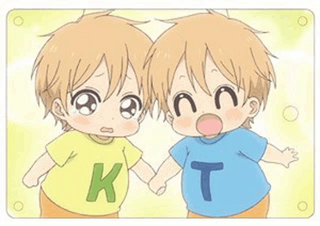 two anime twin boys are holding hands and wearing matching shirts .