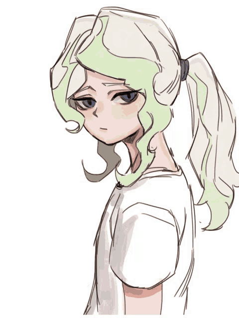 a drawing of a girl with a ponytail and a white shirt