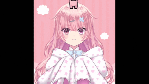 a girl with pink hair is wearing a white blanket with stars on it