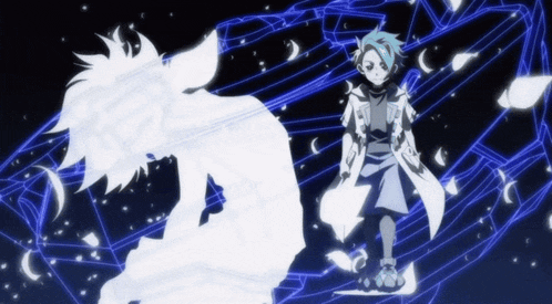 a drawing of a person with blue hair standing next to a ghost