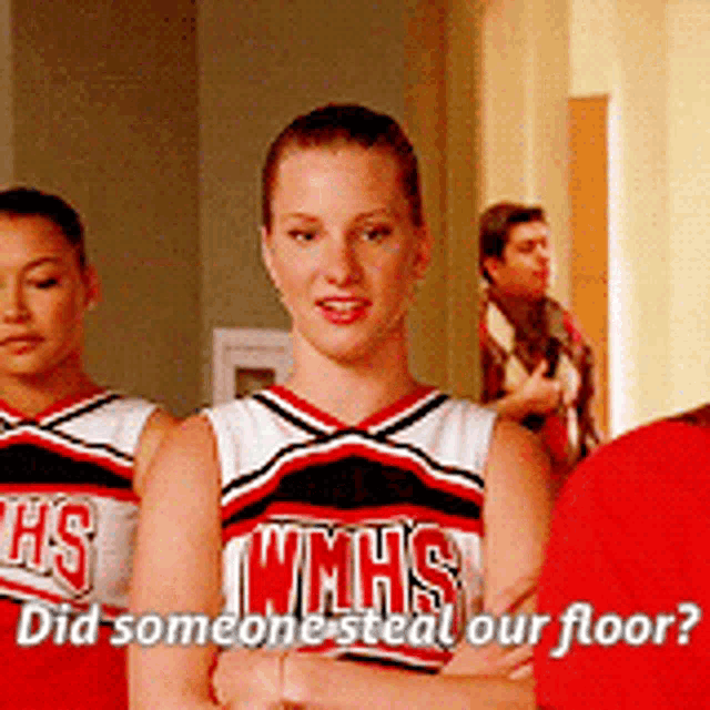 three cheerleaders from wmhs are standing next to each other and one of them is asking " did someone steal our floor "