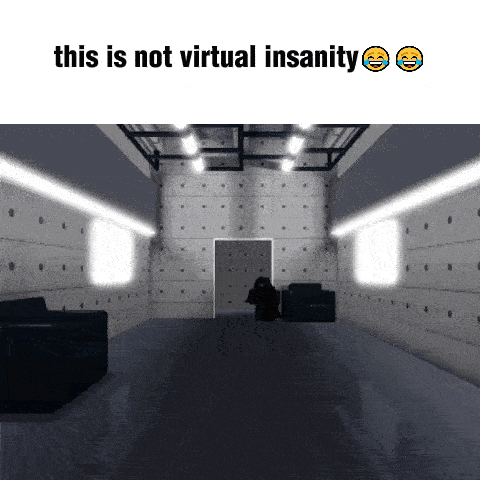 a room with a couch and a door and the words `` this is not virtual insanity '' .