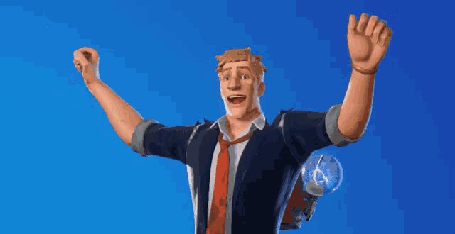 a man in a suit and tie is standing with his arms outstretched