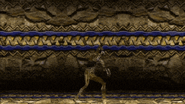 a video game character is standing in front of a wall with a pattern on it