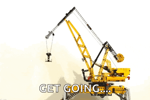 a yellow lego crane with the words get going written below it