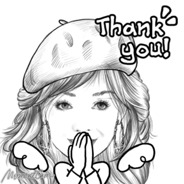 a black and white drawing of a woman wearing a beret with the words thank you below her