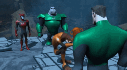 a green lantern standing next to a red lantern