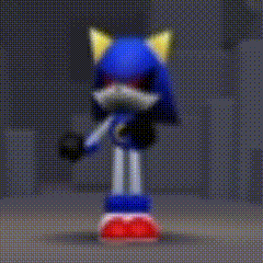 a blurred image of a cartoon character , sonic the hedgehog , standing on a gray surface .