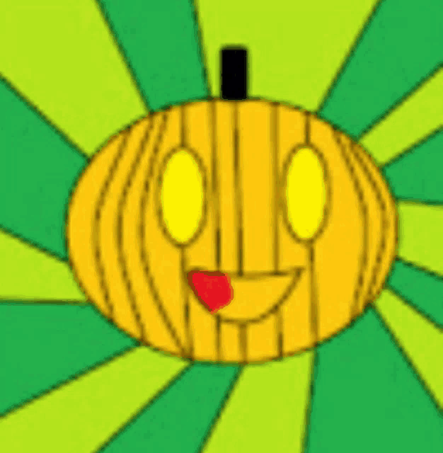 a cartoon pumpkin with a red tongue sticking out on a green and yellow background .