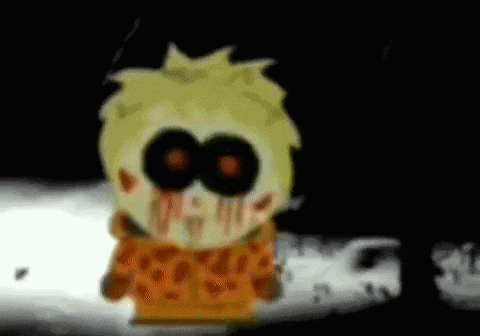 a cartoon character with blood coming out of his eyes is standing in a dark room .