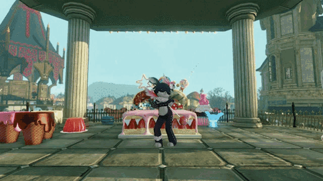 a cartoon character is standing in front of a cake in a video game