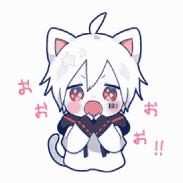 a drawing of a boy with cat ears and red eyes making a heart with his hands
