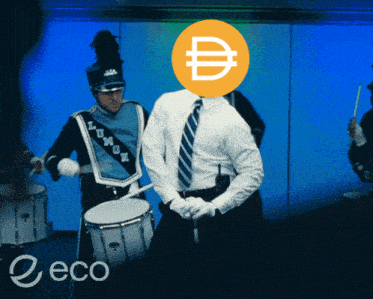 a man with a coin on his head is playing drums in a band with the word eco in the bottom right corner