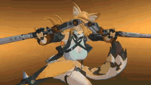 a cartoon character with a fox tail is holding two swords .