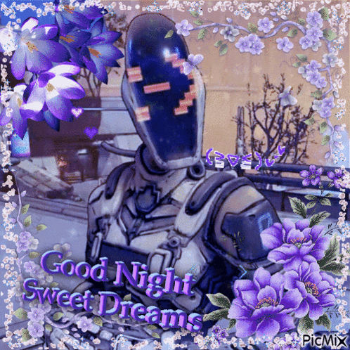 a picture of a robot surrounded by purple flowers with the words good night sweet dreams
