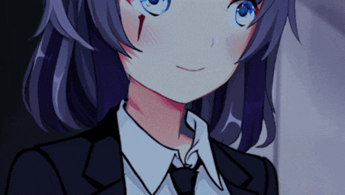 a girl with purple hair is wearing a black suit and white shirt