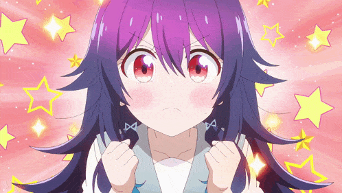 a girl with purple hair and red eyes stands in front of a pink background with yellow stars