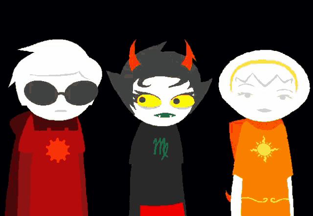 three cartoon characters are standing next to each other with one wearing a shirt with the letter m on it