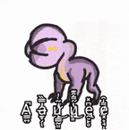 a cartoon drawing of a purple dinosaur standing next to a row of letters .