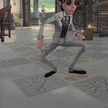a cartoon character in a suit and tie is squatting on a tiled floor