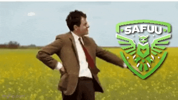 a man in a suit and tie is standing in a field with a safuu logo