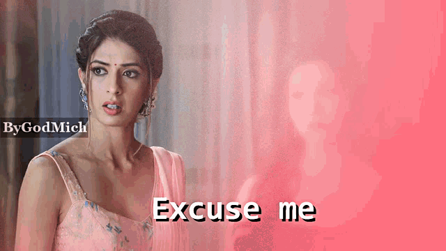 a woman in a pink dress stands in front of a pink background with the words excuse me on it