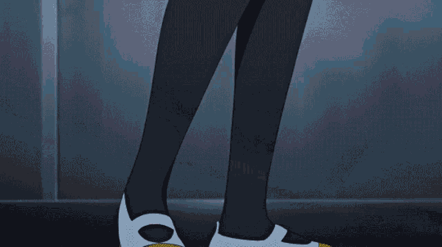 a cartoon character is sitting on a dark wooden floor