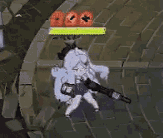 a person is standing on a brick floor in a video game with a speech bubble .